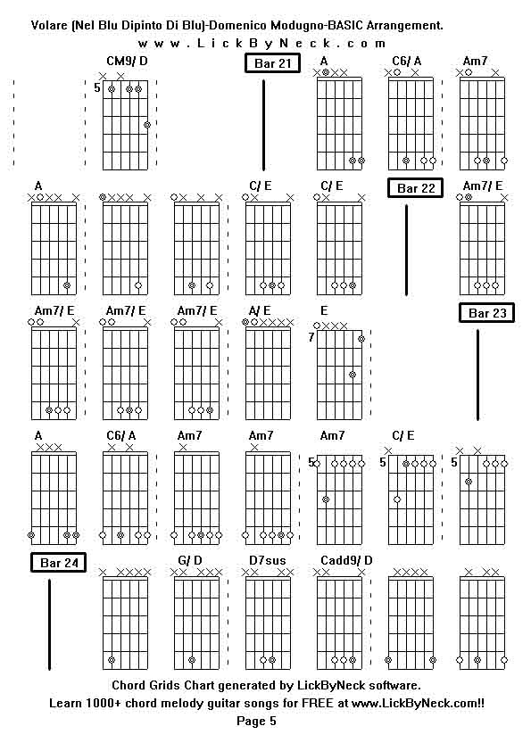 Chord Grids Chart of chord melody fingerstyle guitar song-Volare (Nel Blu Dipinto Di Blu)-Domenico Modugno-BASIC Arrangement,generated by LickByNeck software.